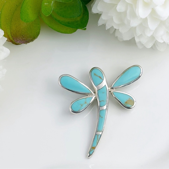 Dragonfly Butterfly Vintage Pendant Brooch Sterling Silver 925 Turquoise Inlay - Picture 3 of 10